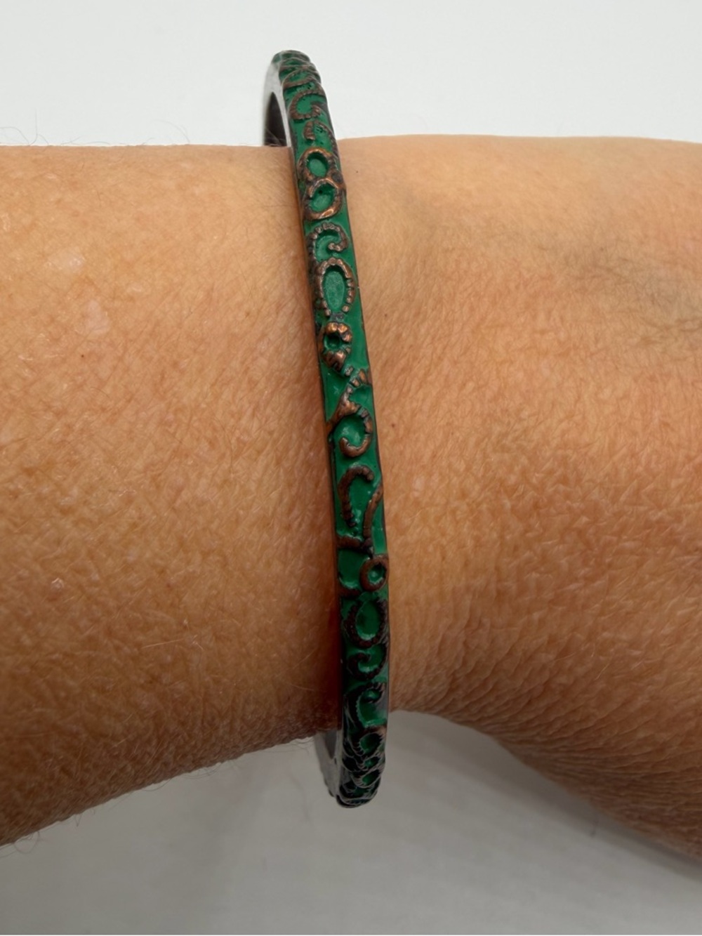 Vintage Green Enamel Scroll Bangle Bracelet Copper Tone Boho Stackable